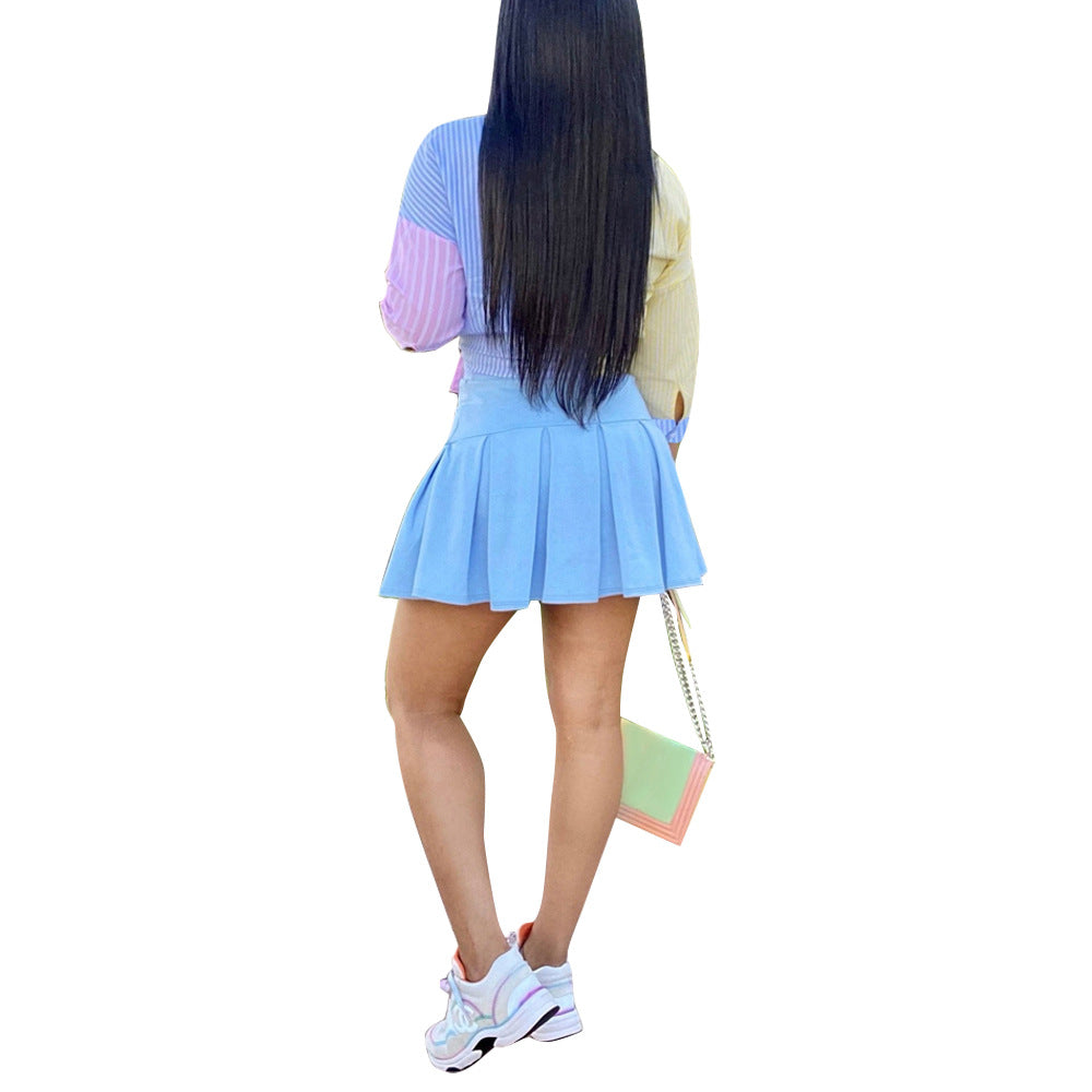 Women Striped Print Three-quarter Sleeve Shirt and Skirt Two-piece Set 6