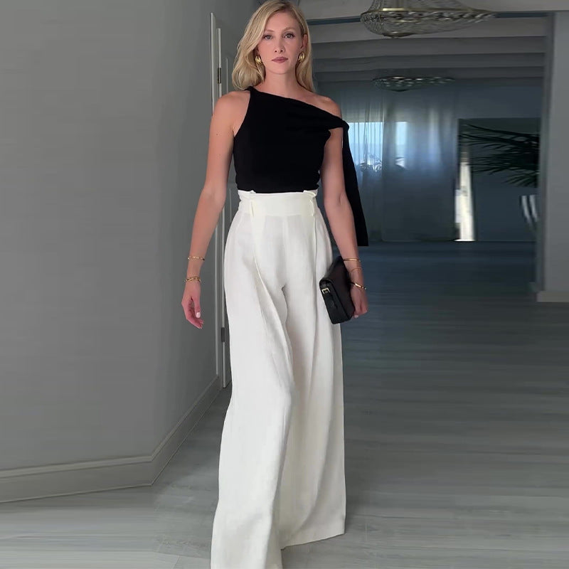 Women summer Solid Slash Shoulder Top and wide-leg pants Casual two-piece set 4