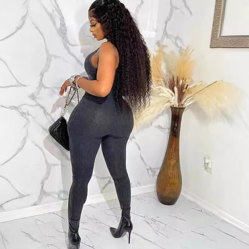 Fashion Solid Color V-Neck Strap Hollow Slim Tight Jumpsuit 4