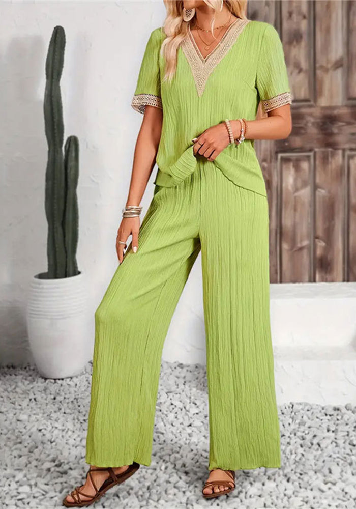 Two-Piece Lace Trim V-Neck Short-Sleeve Top & Wide-Leg Casual Pants Set