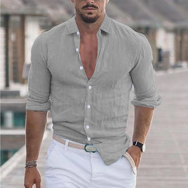 Men 's Summer Turndown Collar Long Sleeve Solid Color Beach Linen Shirt 21