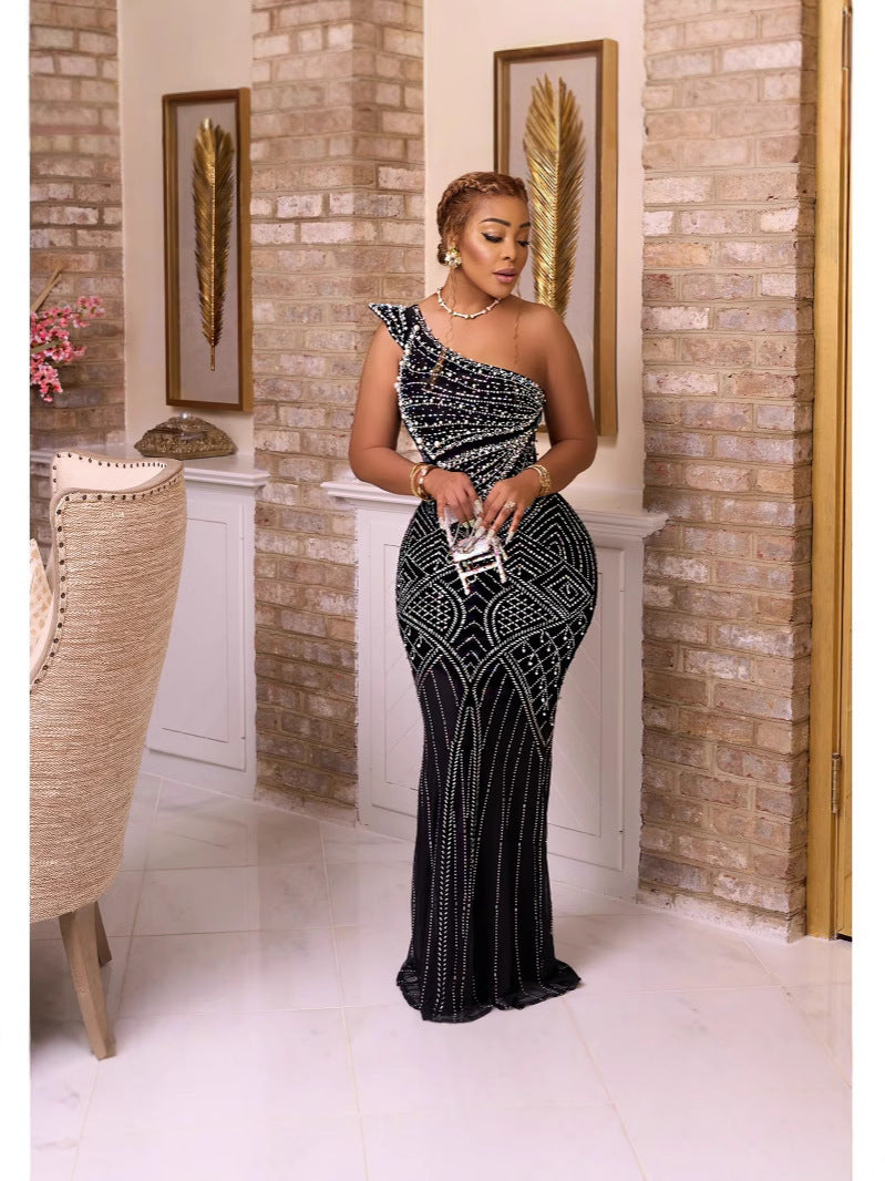 Women Soid Bodycon Slash Shoulder Sequin Dress 3