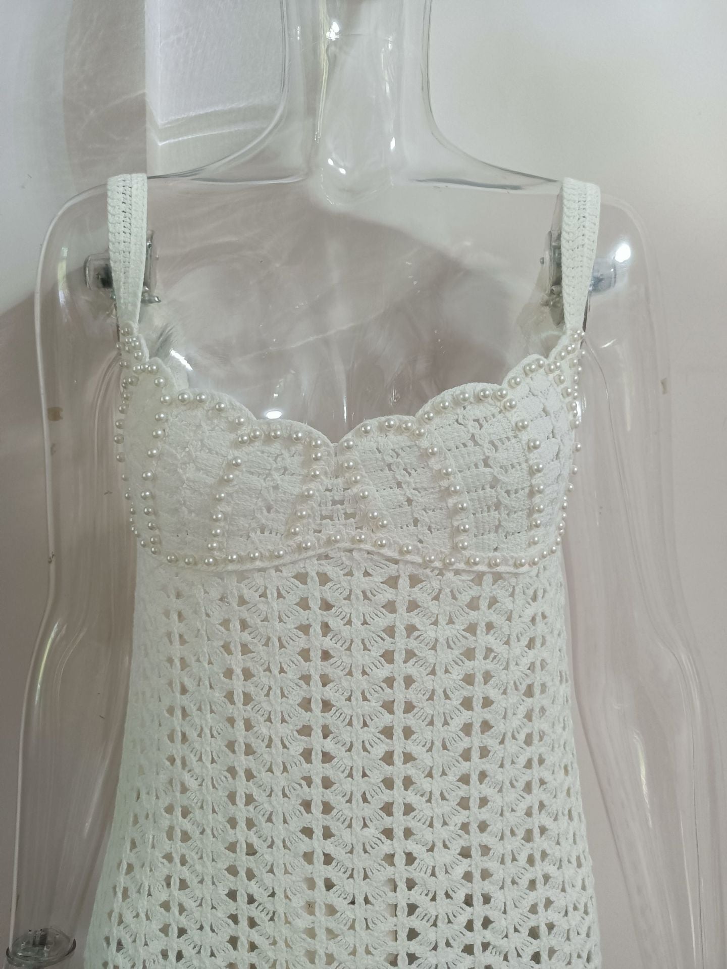 Women knitting v-neck pearl hollow Strap Dress 13