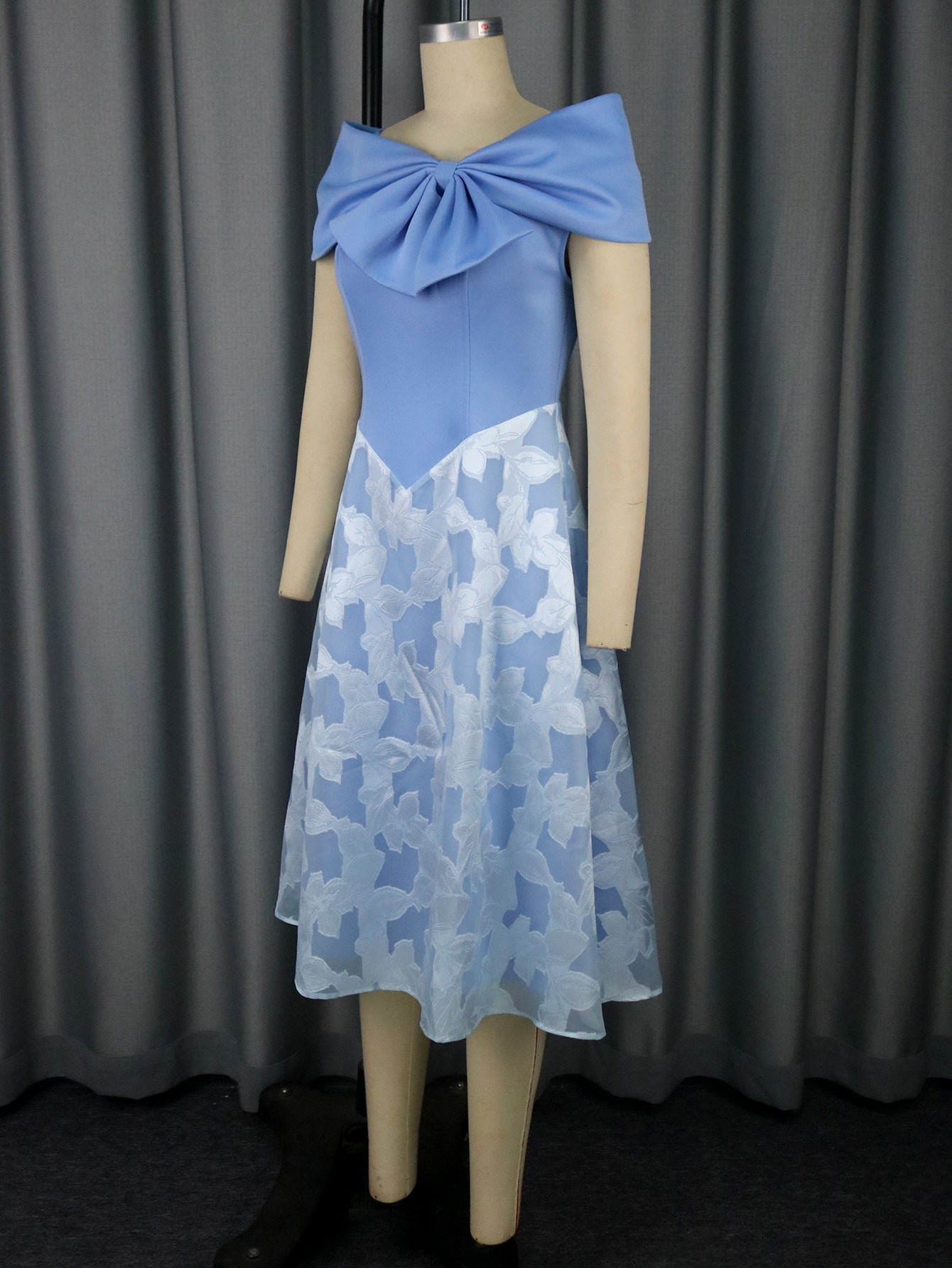 Elegant Bow Off-Shoulder Patchwork Blue Chiffon High-Waist Party Dress 5