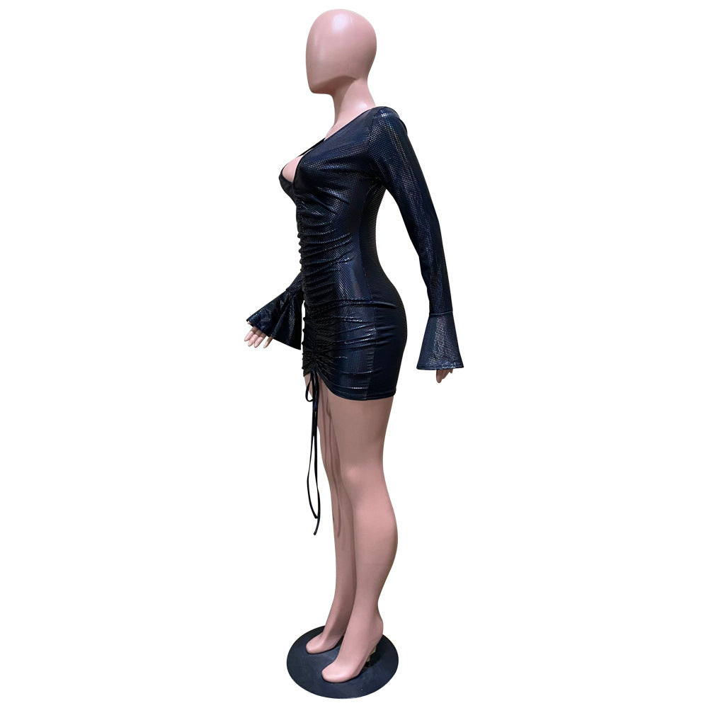 Women's Autumn And Winter Sexy Bell Bottom Sleeve Drawstring Lace-Up Dress 7