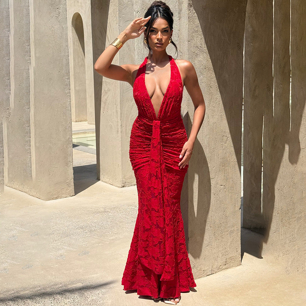 Women's Sexy Deep V Low Back Laced Crinkle Mermaid Long Dress