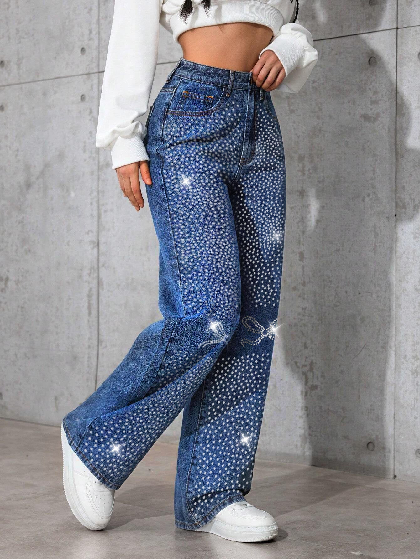 Women American Retro Blue Denim Beaded Butterfly Pants 4