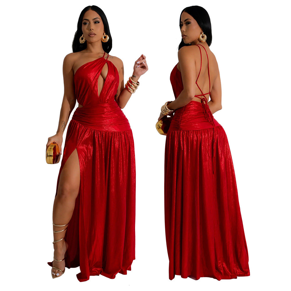 Women's Slash Shoulder Hollow High Slit Sexy Sleeveless Long Party Evening Dress 3
