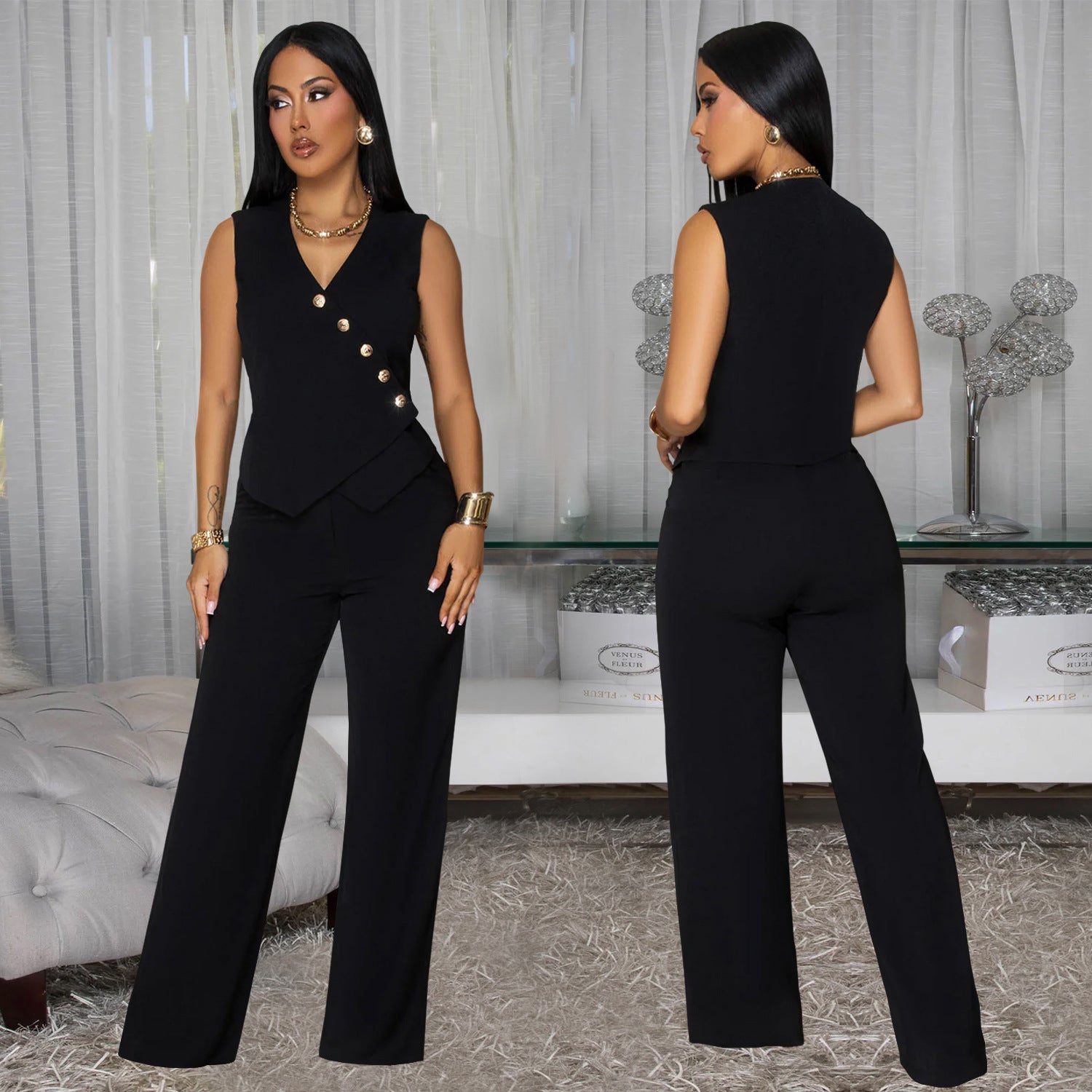 Women Casual Sleeveless V-Neck Top and Pants Two-Piece Set 3