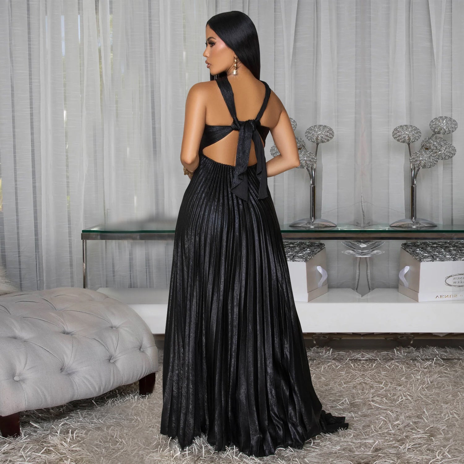 Fashion Women's Elegant Shiny Solid Color Pleated Long Dress 6