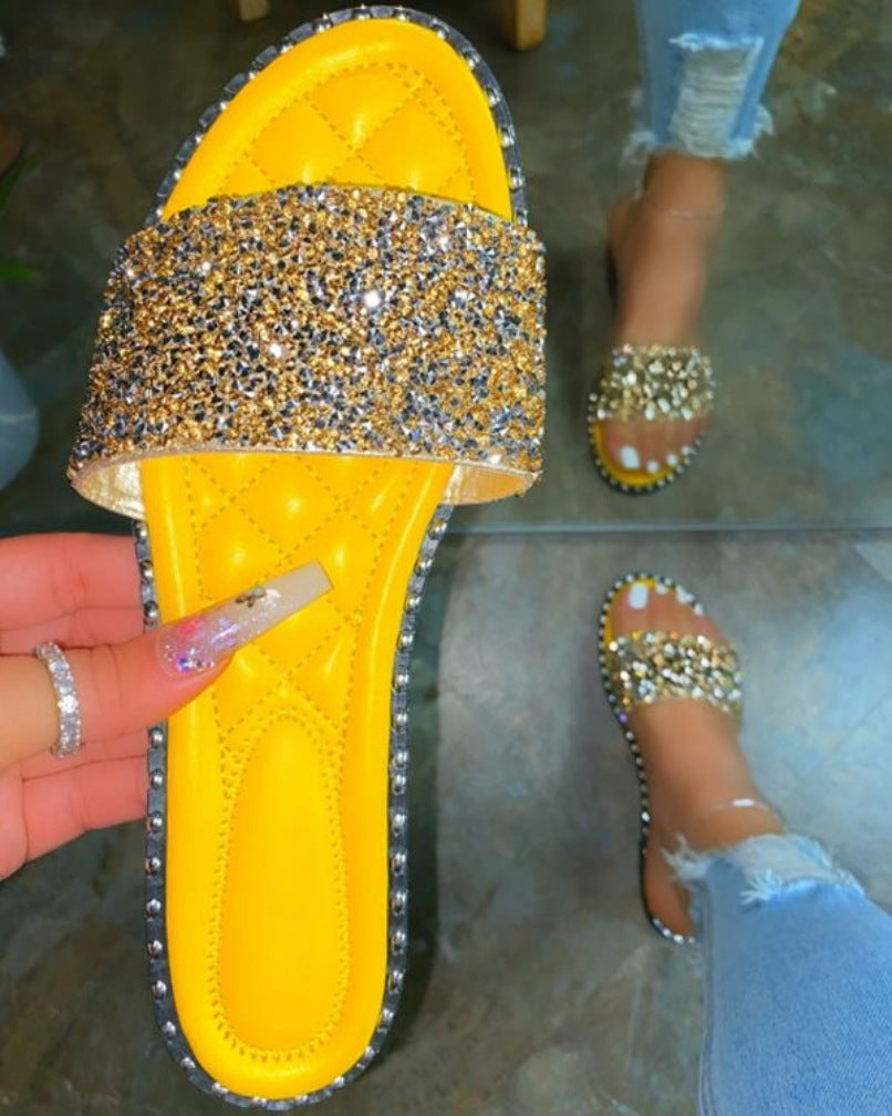 women Round head flat bottom rhinestone slippers beach slippers Plus Size one-line rhinestone slippers 9