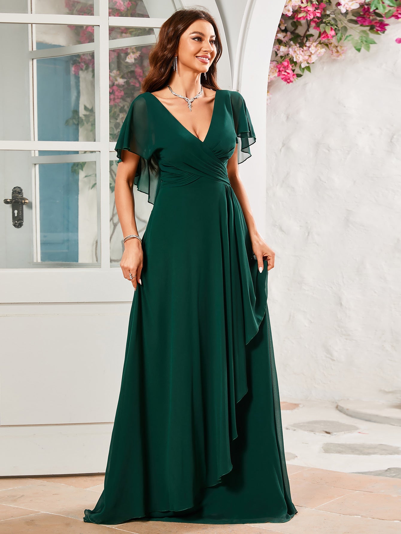 Women V-Neck Chiffon Ruffle Sleeve Pleated Irregular Bridesmaid Dress 6
