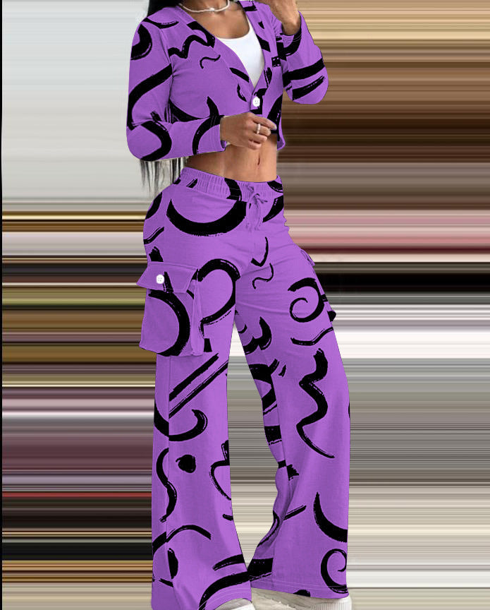 Women Autumn and Winter Geometric Line Print Casual Sexy Short Top and Pant Two-piece Set 4