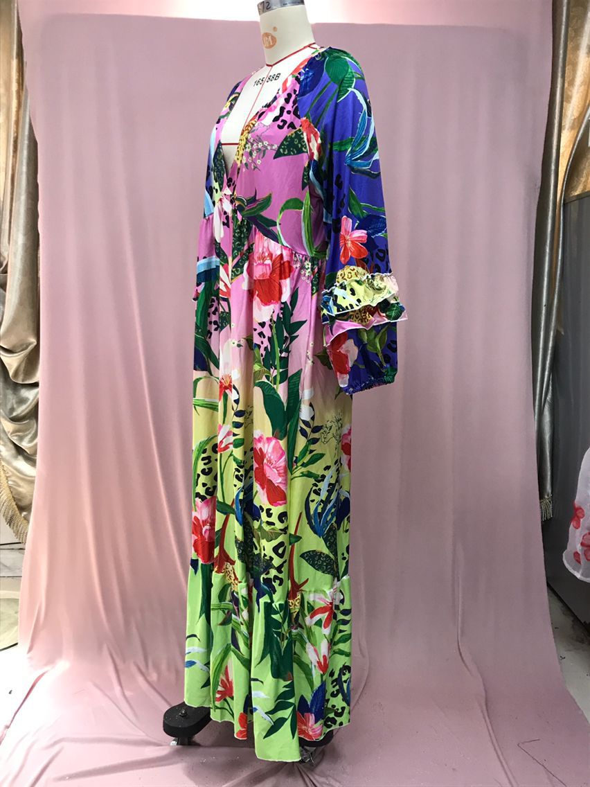 Women summer printed gradient ruffled v-neck sexy Maxi dress 9