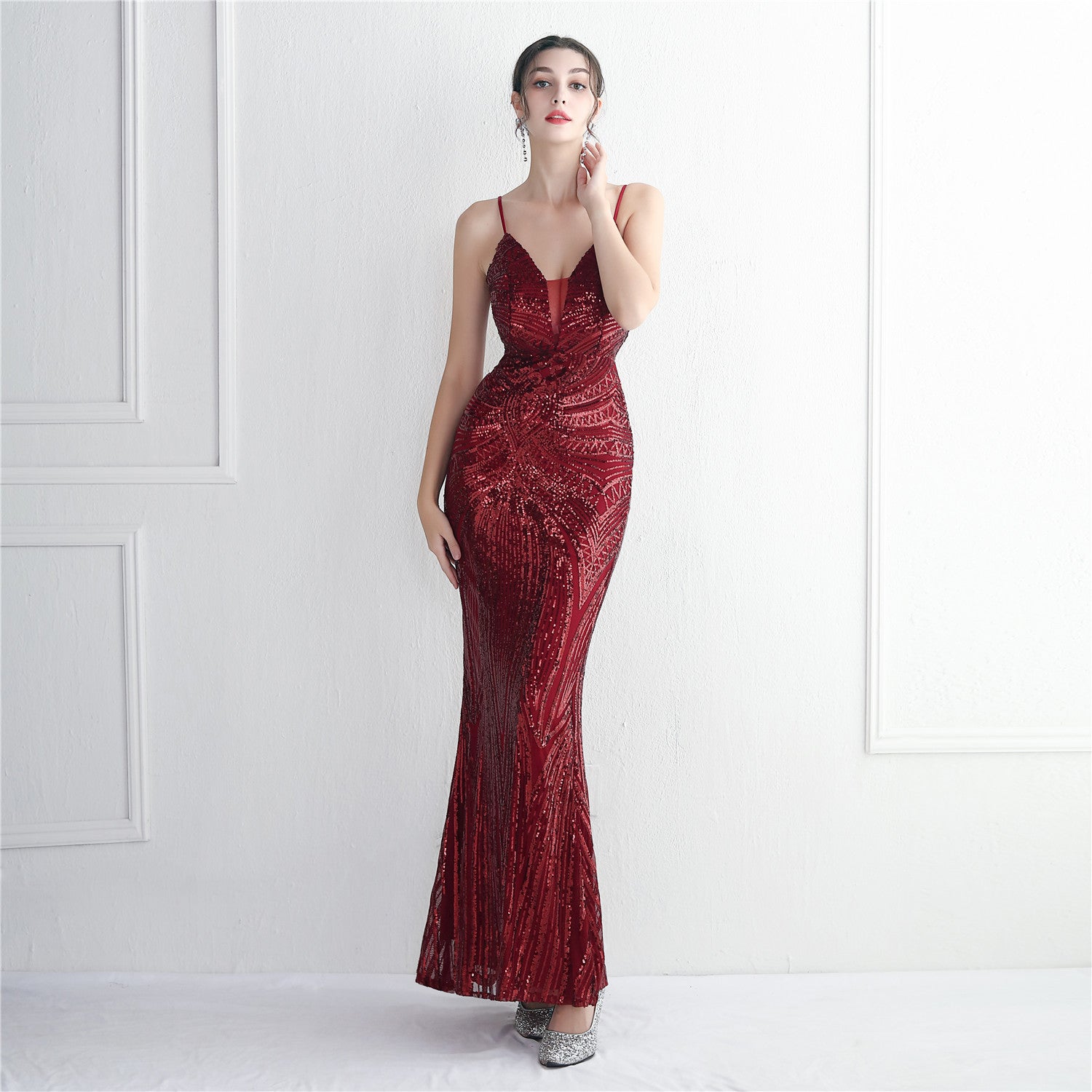 WomenElegant Sequin Backless Fishtail Evening Dress 8