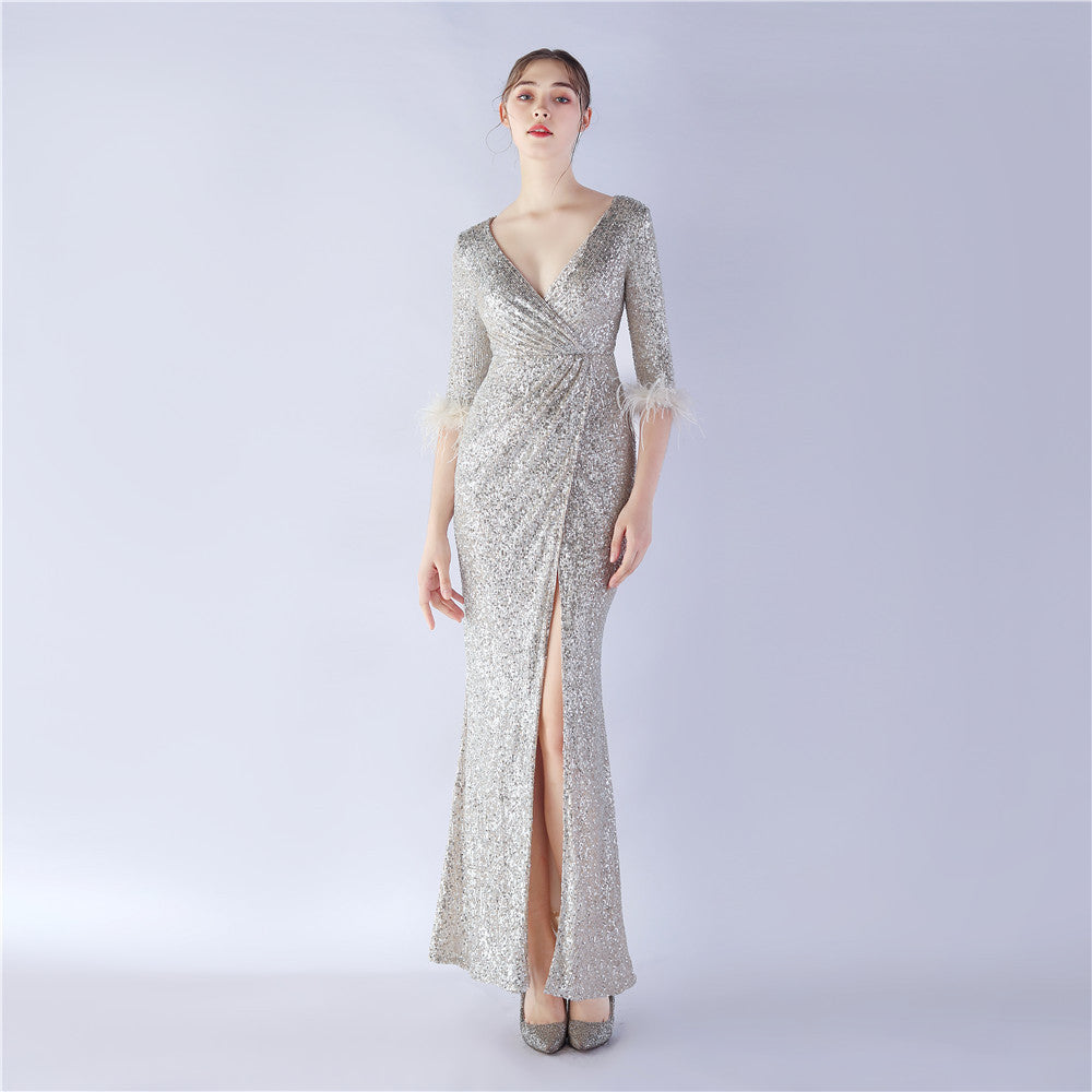 Sexy Feather Sequined Long-Sleeved Evening Dress 8