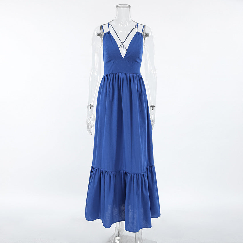 Spring Summer Holidays Style Blue V Neck Strap Low Back Long Dress 12
