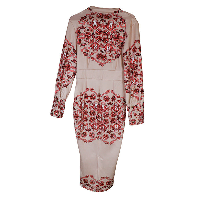 Women Stand Collar Long Sleeve Print Dress 9