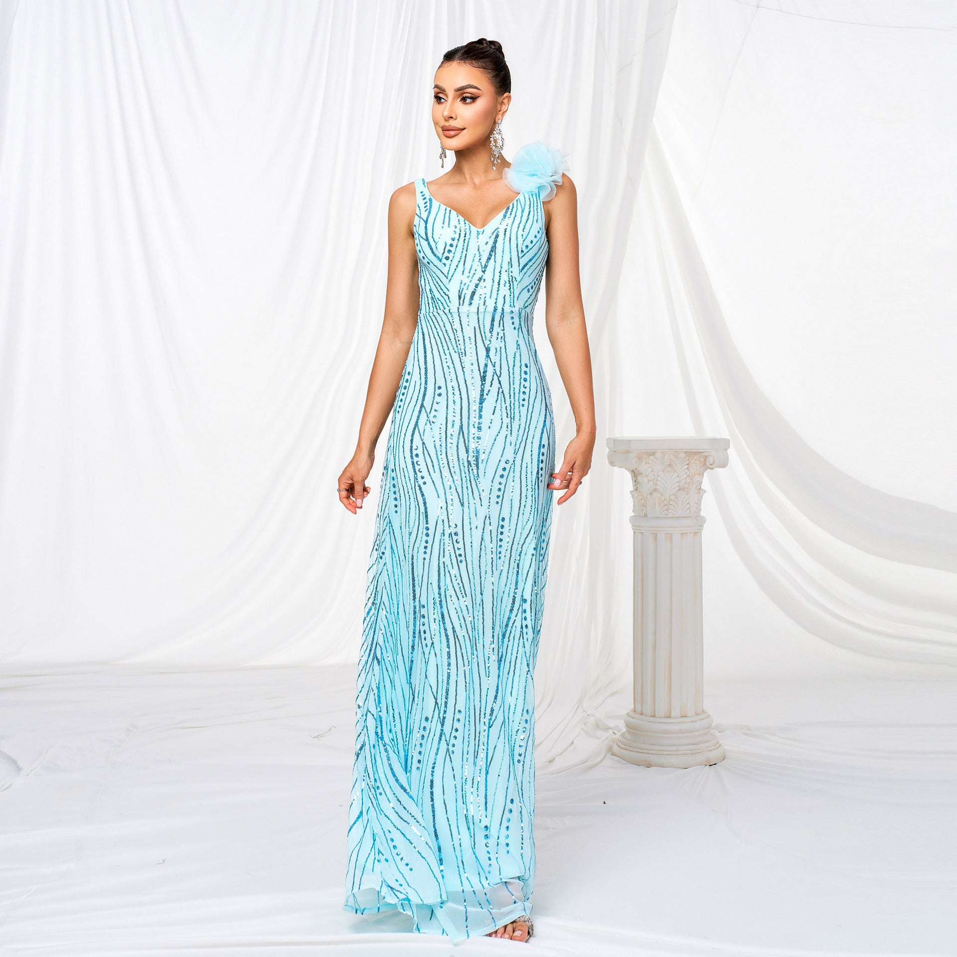 Women Sleeveless V-Neck Sequin Formal Party Evening dress