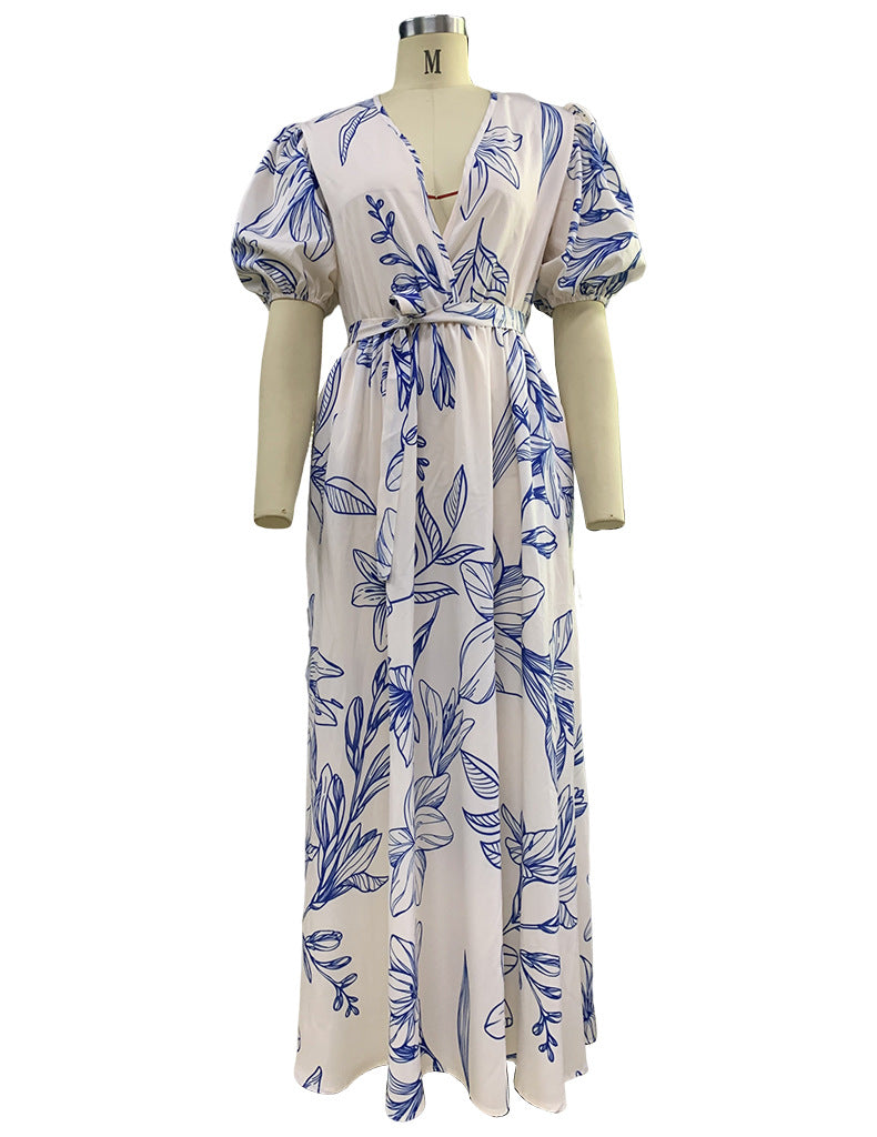 Summer Ladies Fashion V Neck Loose Maxi Print Dress 12