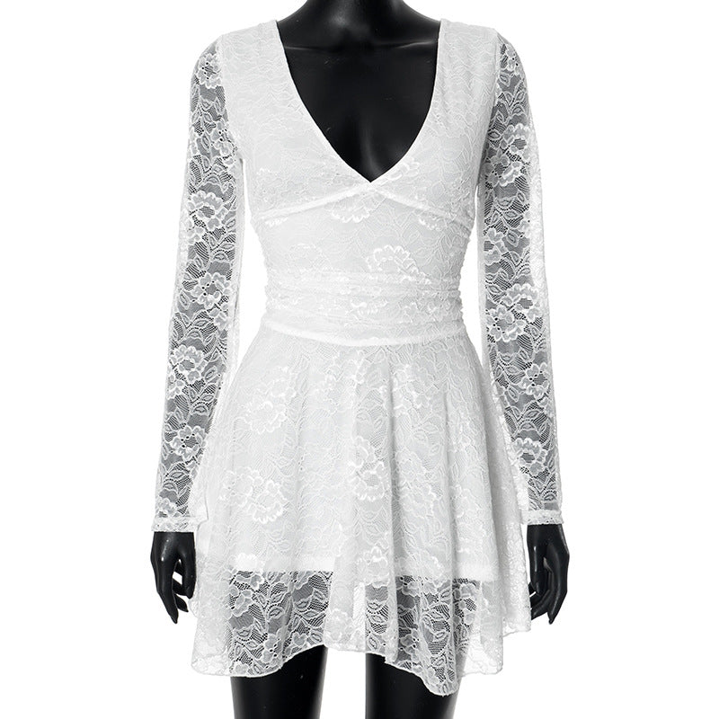 Women V-Neck Backless Lace Patchwork Dress 7
