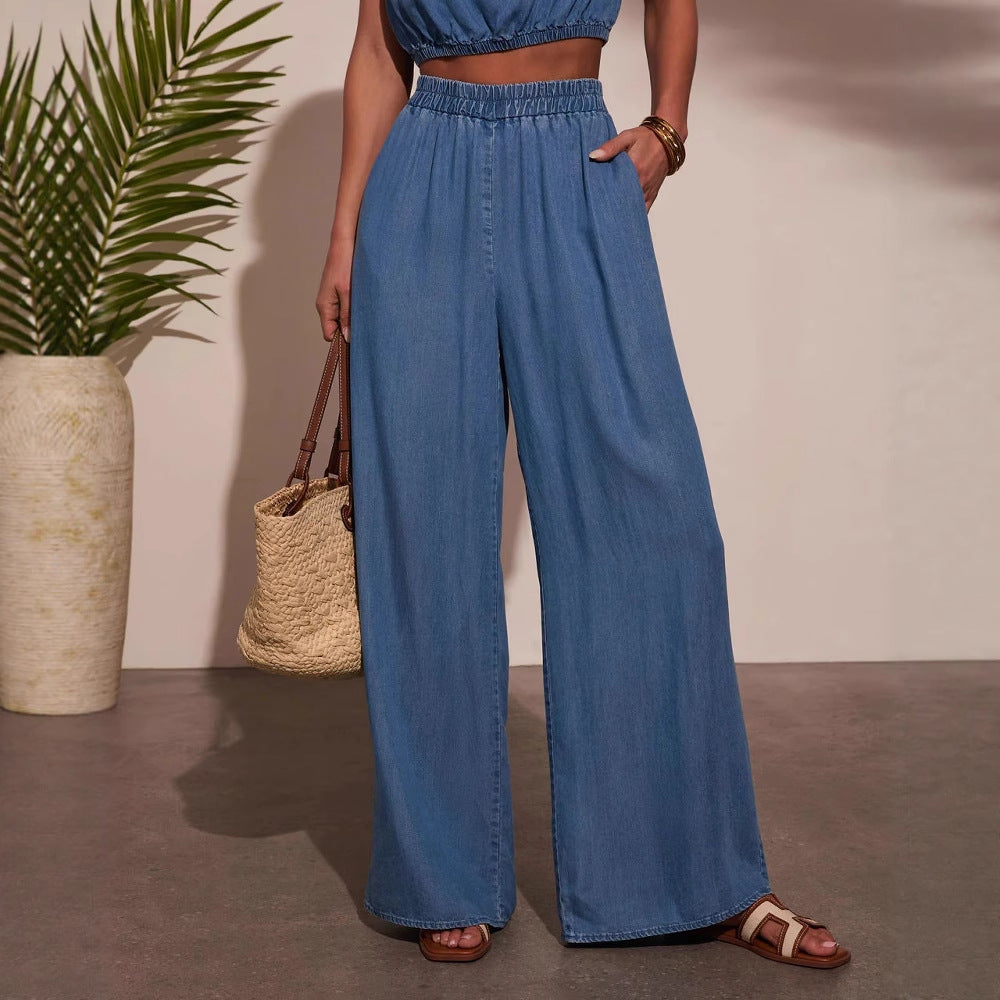 Casual Denim Sleeveless Top Wide-Leg Pants Set 4
