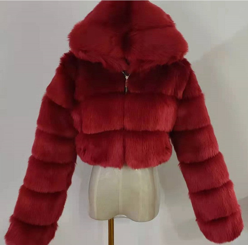 Fur Coat Cropped Hooded Faux Fur Coat Long Sleeve Patchwork Women's Coat 20
