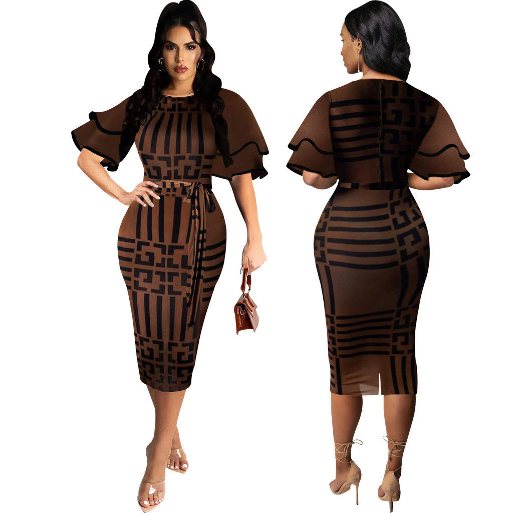 Women Sexy Printed Round Neck Short Sleeve Dress 9