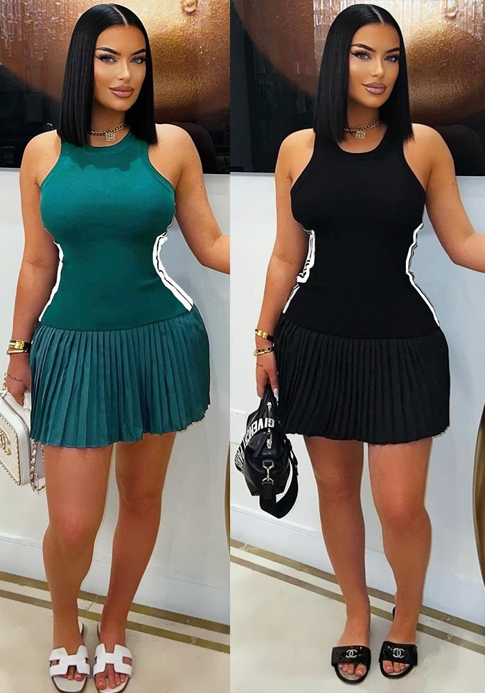 Women Summer Ribbed Casual Sleeveless Pleated Dress
