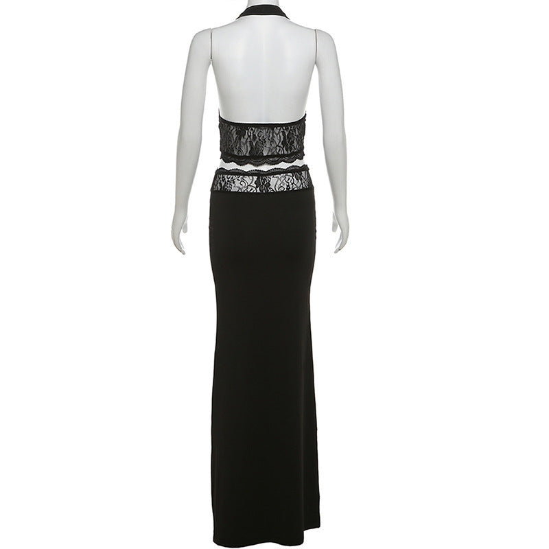 Spring Summer sexy Halter Neck Low Back Lace strap Vest high waist Long skirt fashion two piece set for women 7