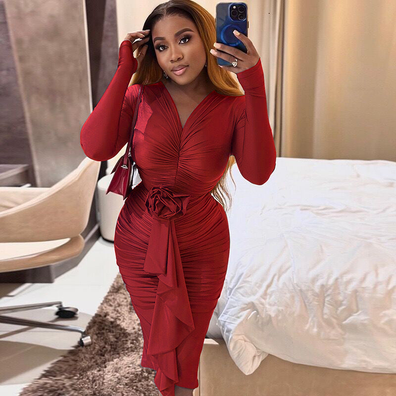 Women's Autumn And Winter Long Sleeve V-Neck Flower Sexy Bodycon Dress 5