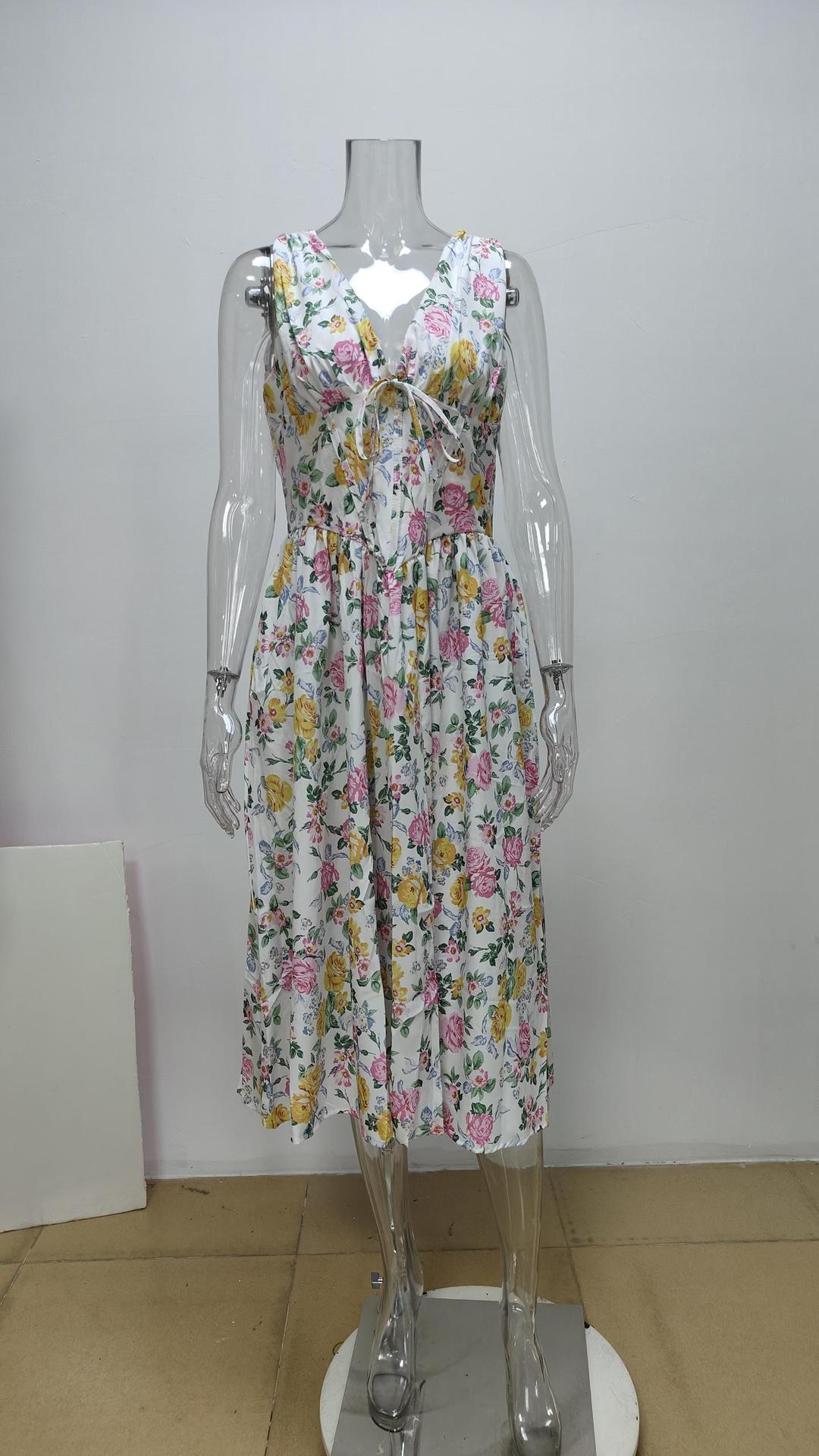 Autumn women's elegant fashion print Strap V-neck high waist Low Back a-line Dress 16