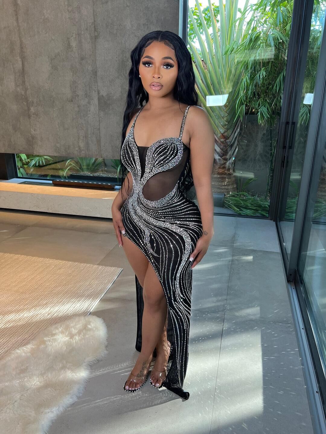 Sexy Rhinestone beaded slit Straps Party Dress