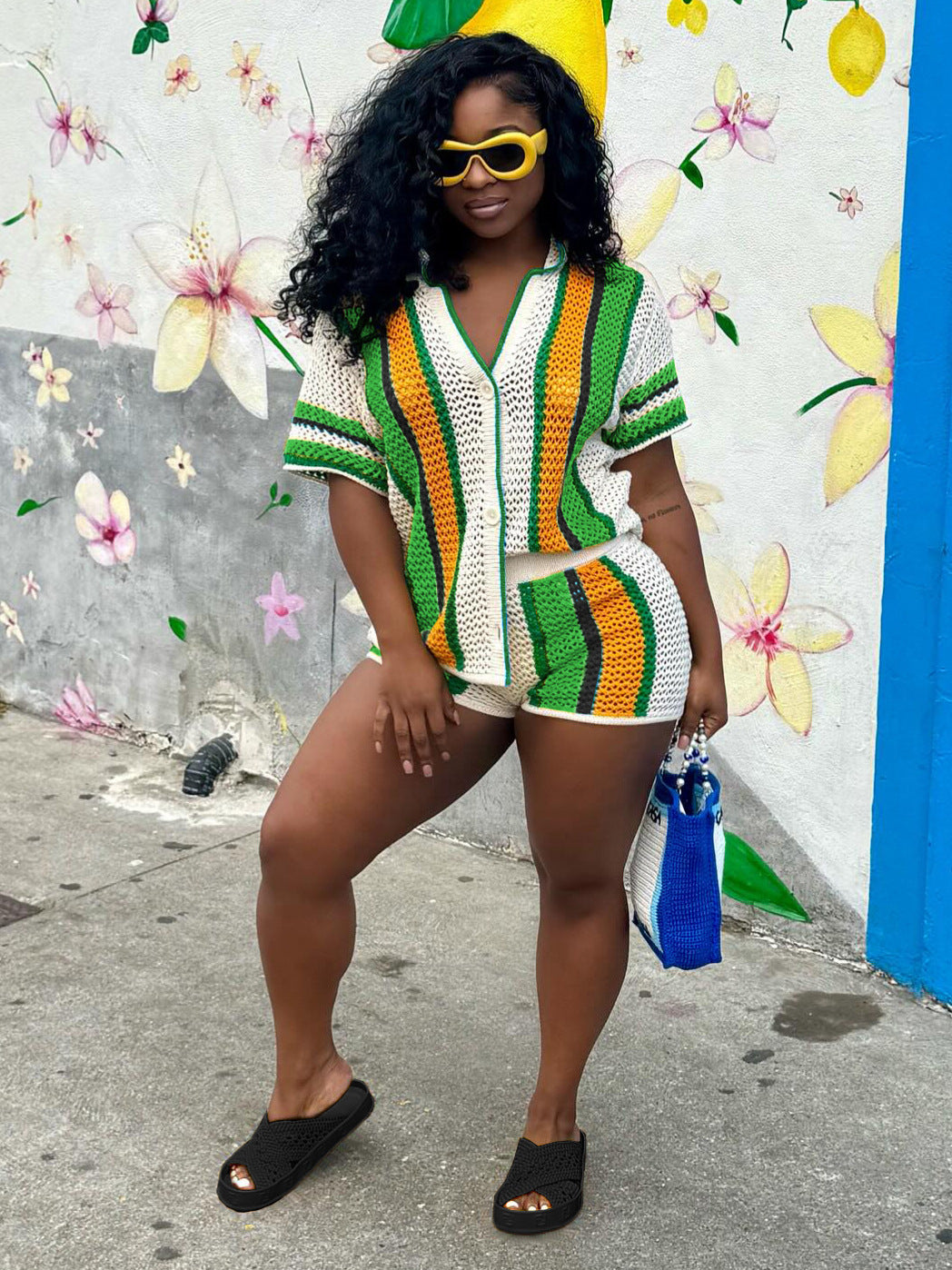 Women's Sexy Hollow Turn-Down Collar Knit Shorts Set 14