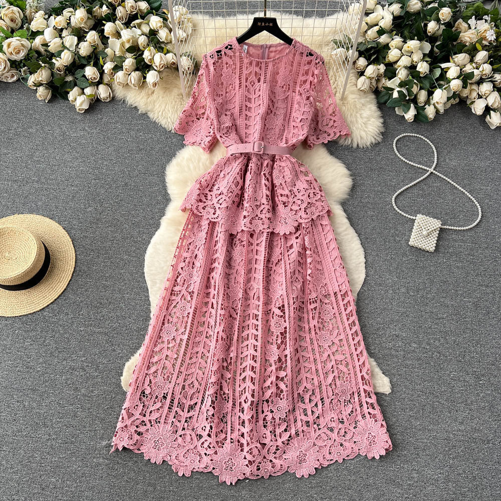 Women French-Style Short-Sleeved Openwork Lace Dress 16