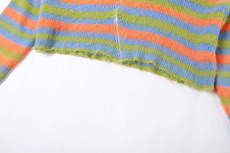 Autumn Women sexy knitting striped contrast top and slit skirt two-piece set 17