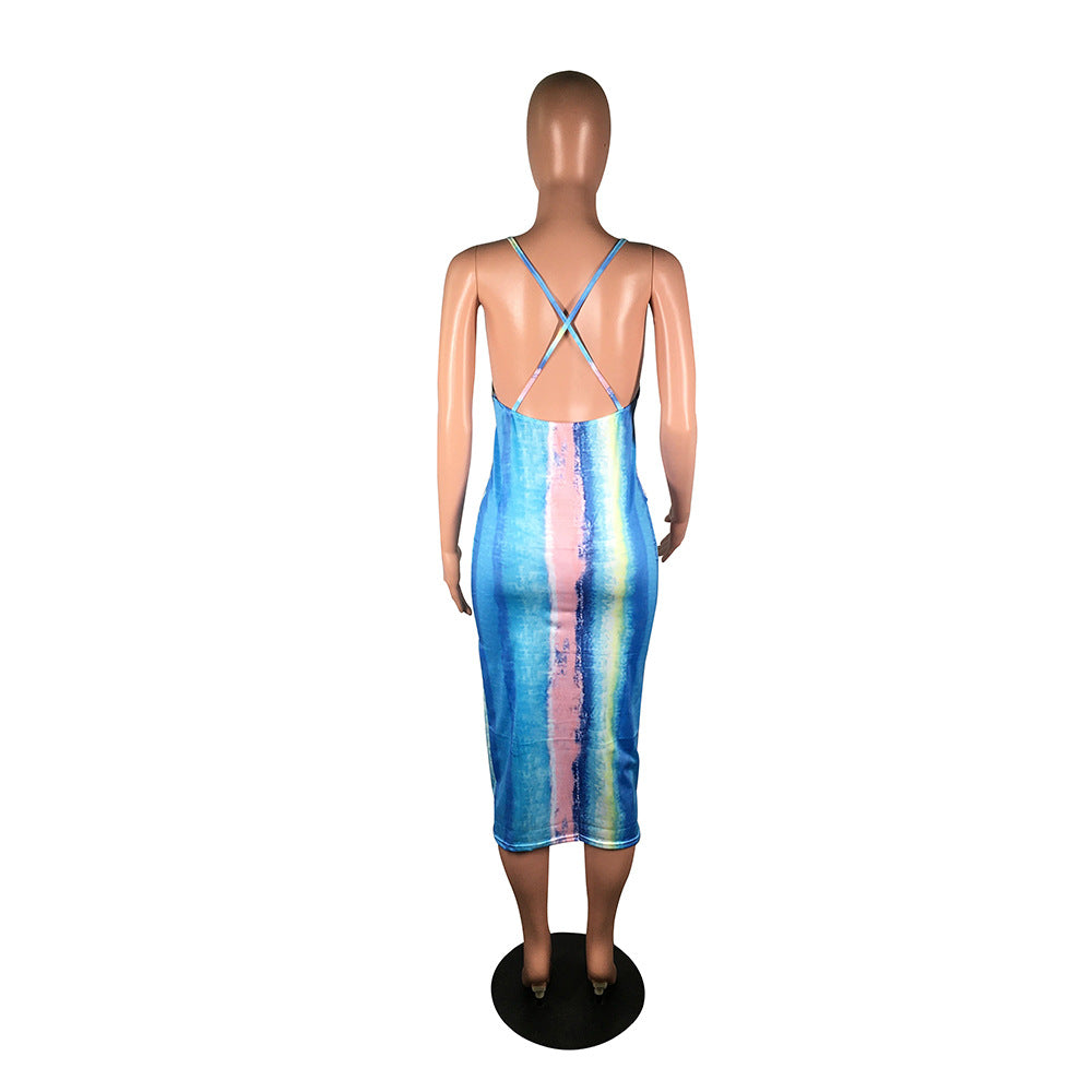 Women's Sexy Tie Dye Printed Strap Low Back Dress 10