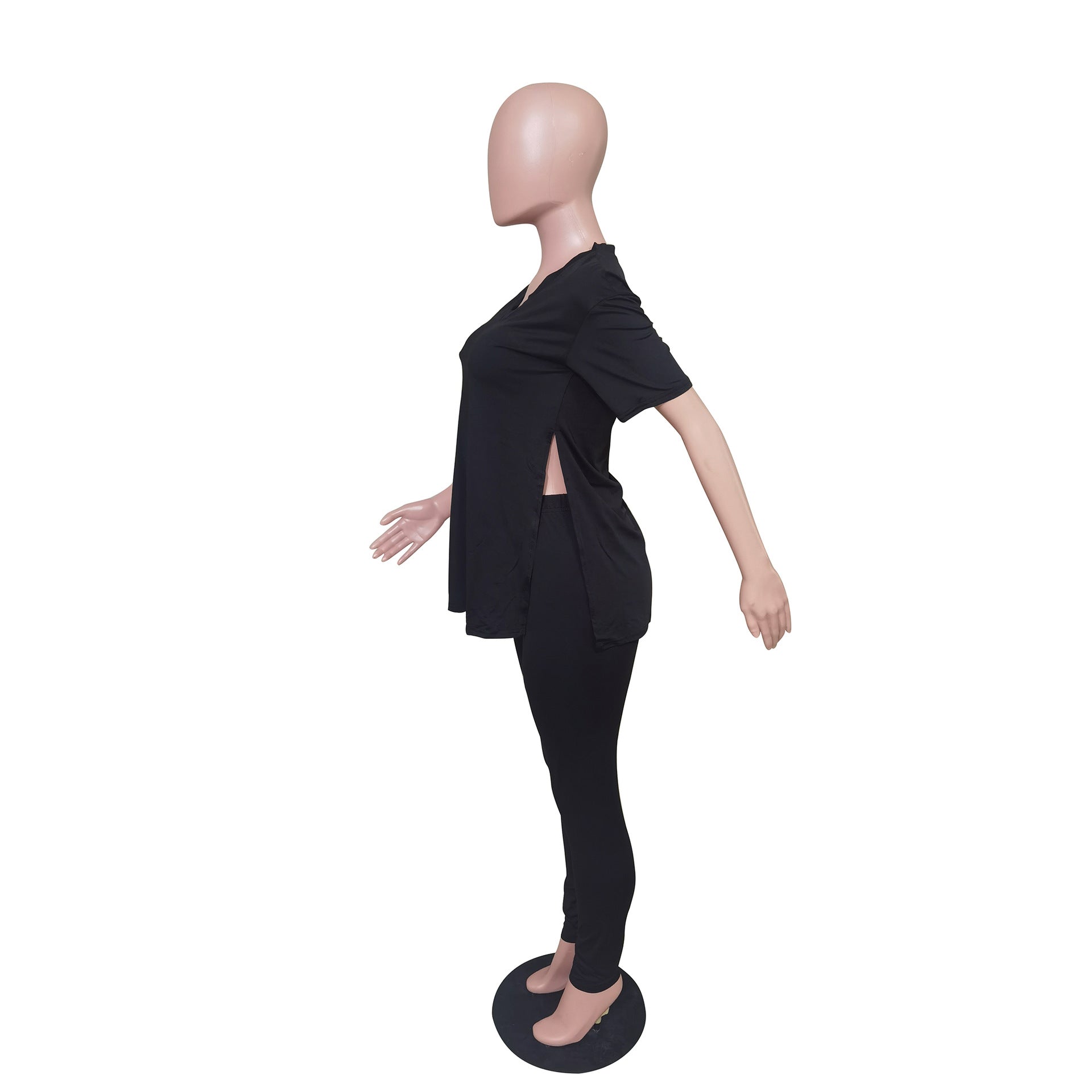 Women Casual Short Sleeve Split Top + Pants Two Piece Set 17