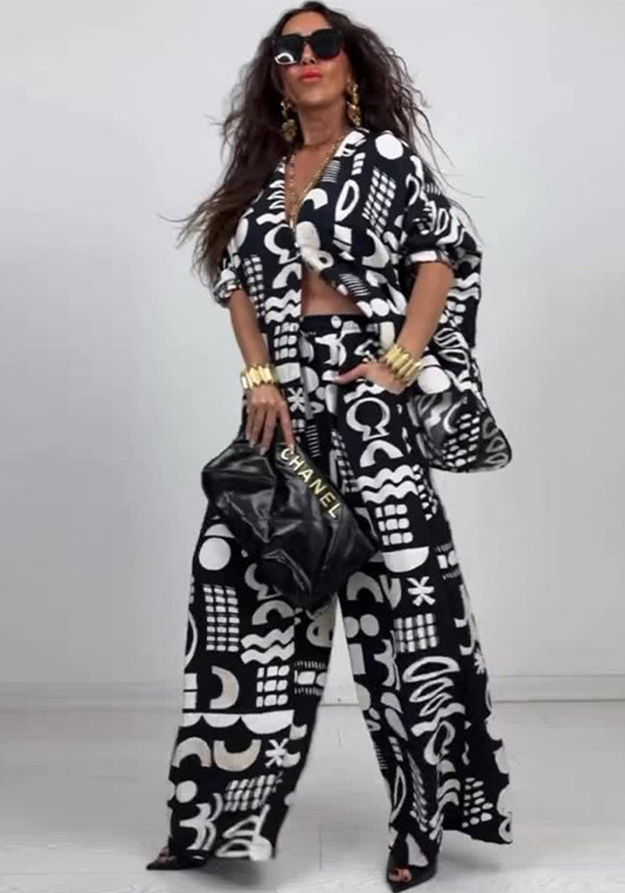 Summer Elegant Sexy Printed Top + Wide-Leg Pants Two-Piece Set