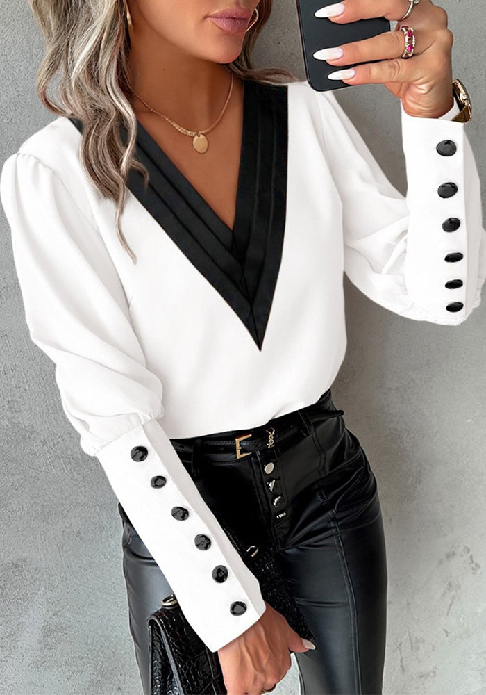 Women V Neck Solid Long Sleeve Button Top