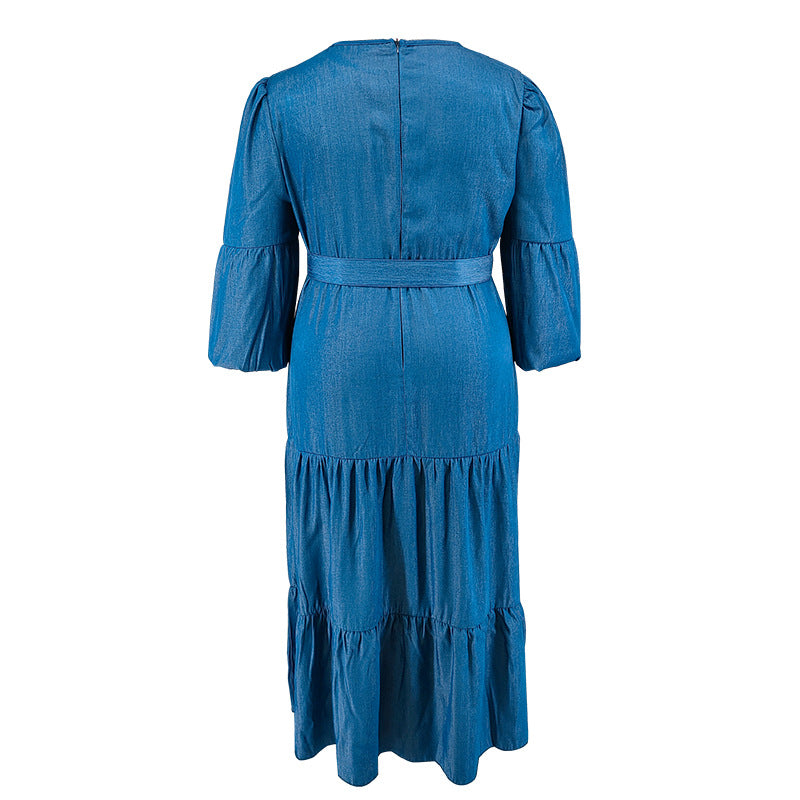 Plus Size Women's Pleated Denim Dress With Belt 5