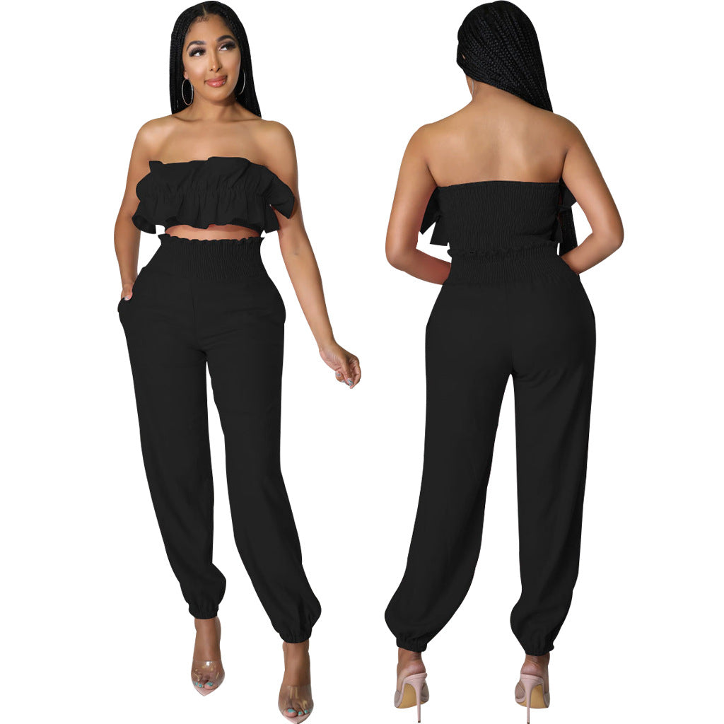 Sexy Fashion Elastic Solid Color Strapless Two-Piece Pants Set 11