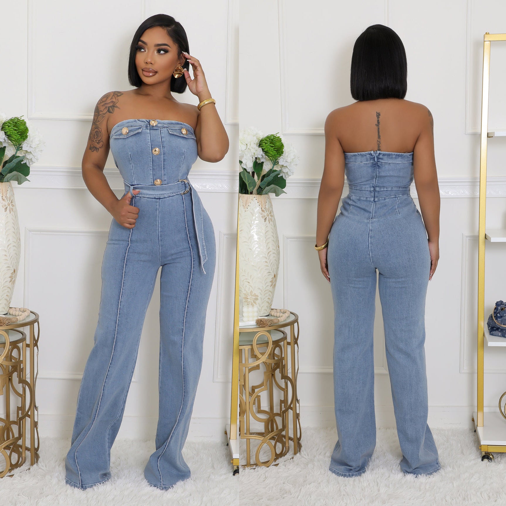 Women's Strapless Slim Waist Elastic Washed Denim Wide-Leg Jumpsuit 3