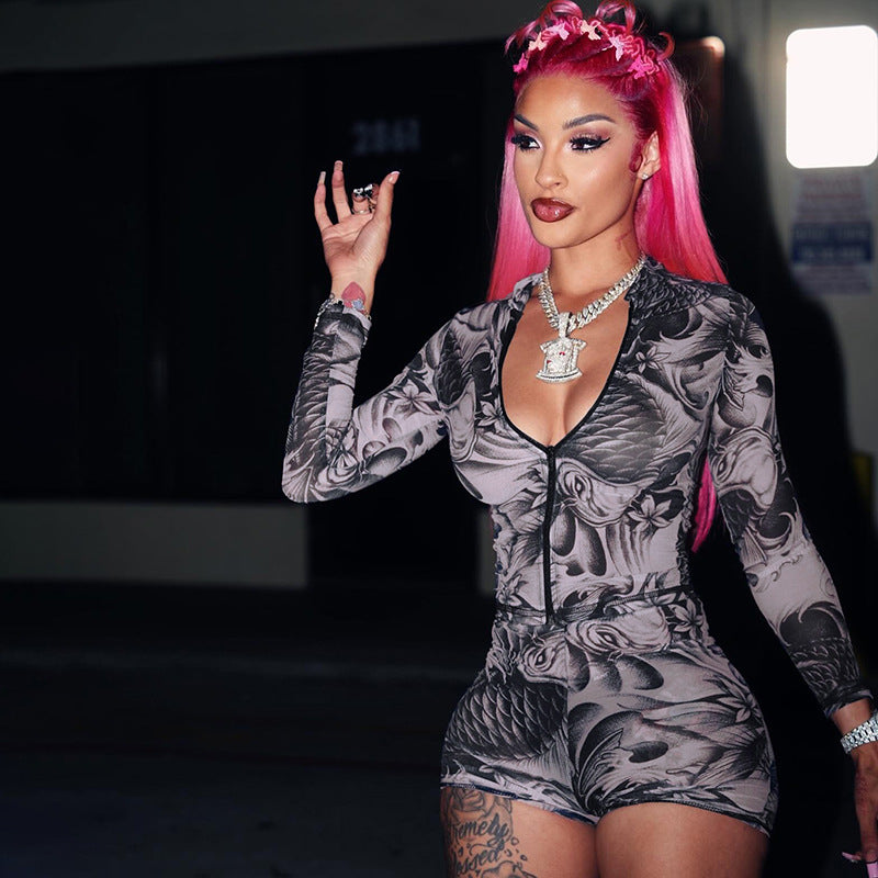 Women's Summer Autumn Zipper Round Neck See-Through Print Long Sleeve Two Piece Shorts Set 4