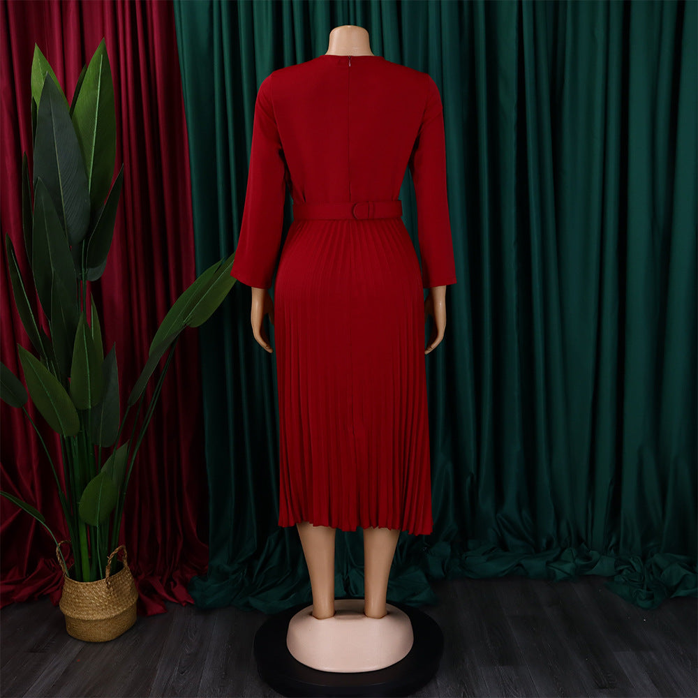 Plus Size African Women Chic Elegant Pleated Career Solid Dress 33