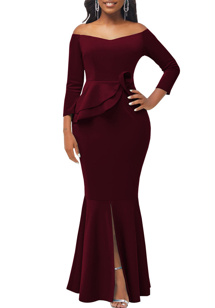 Sexy Fashion Solid Off Shoulder Slit Women's Evening Dress