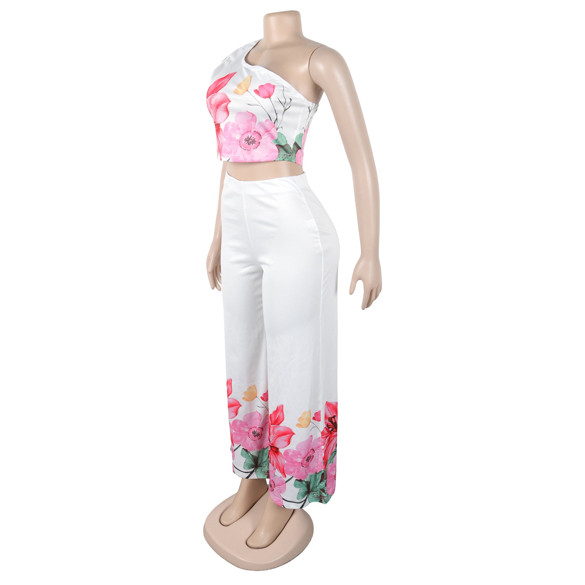 Women Elegant Stretchy Slash Shoulder Top and Wide Leg Pants Two Piece Set 11