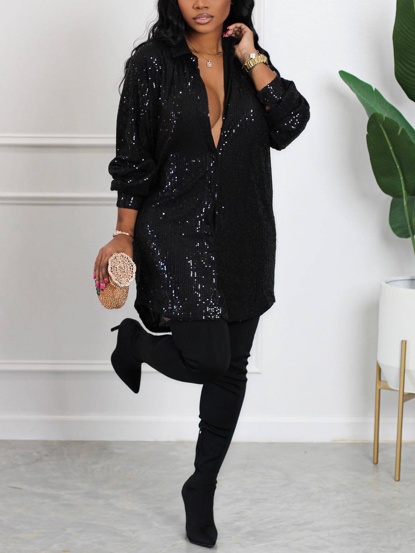 Women's Autumn Style Solid Color Sequin Loose Shirt Dress 3
