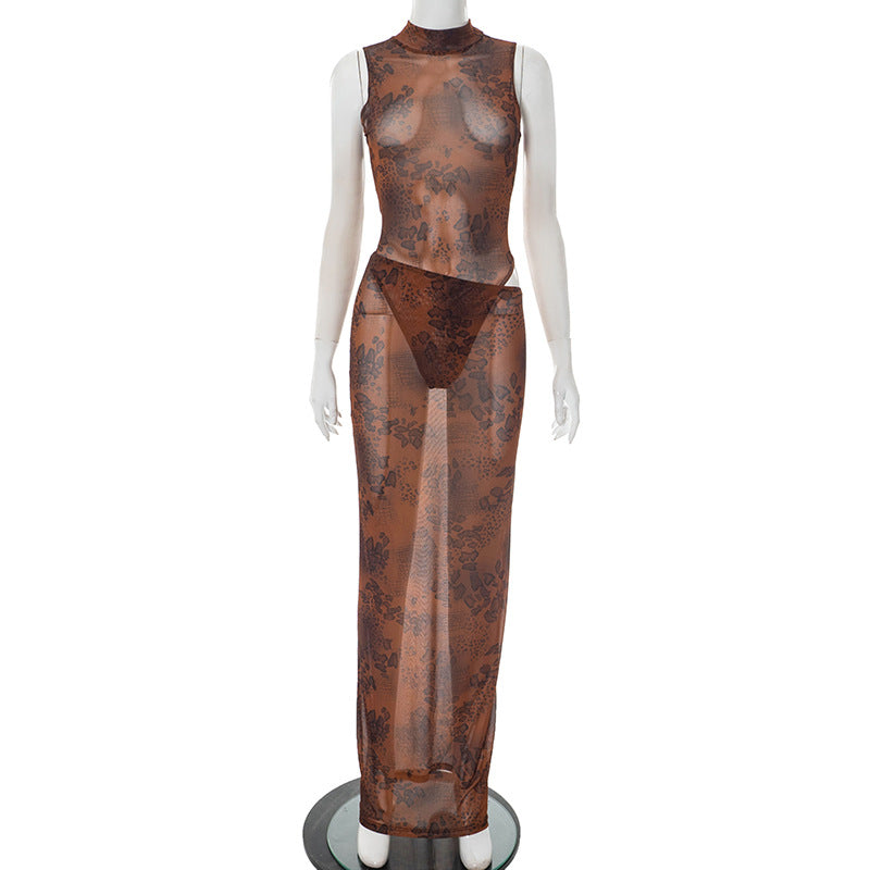 Women's Leopard Print Mesh High-Neck Sleeveless Bodysuit with Diagonal Waist Skirt Set 5