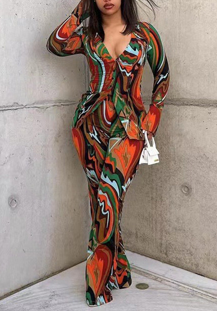 Autumn deep V suit female sexy printed shirt wide-leg pants fashion casual two-piece set